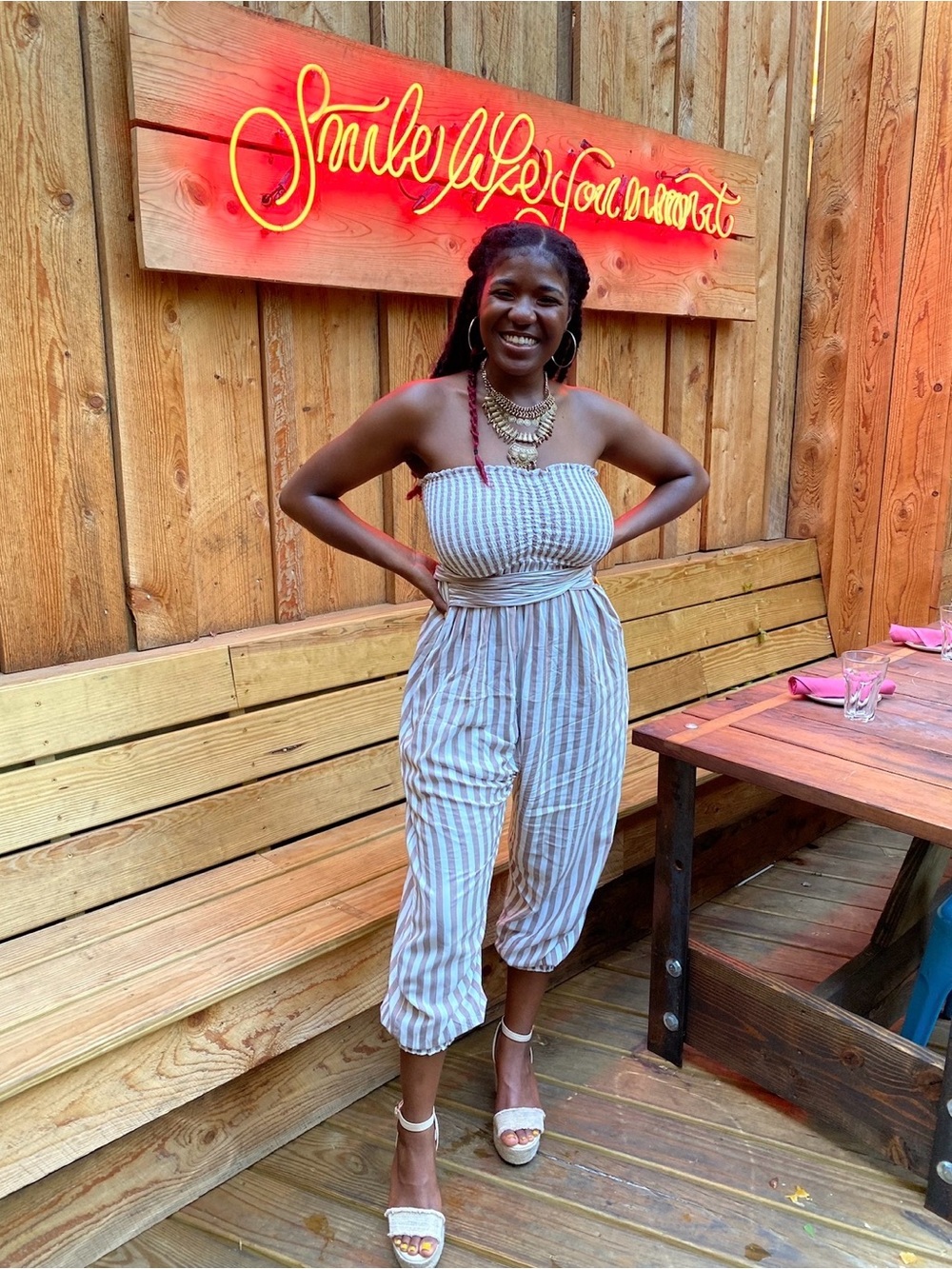 Elan Taupe & White Striped Smocked Strapless Jumpsuit
